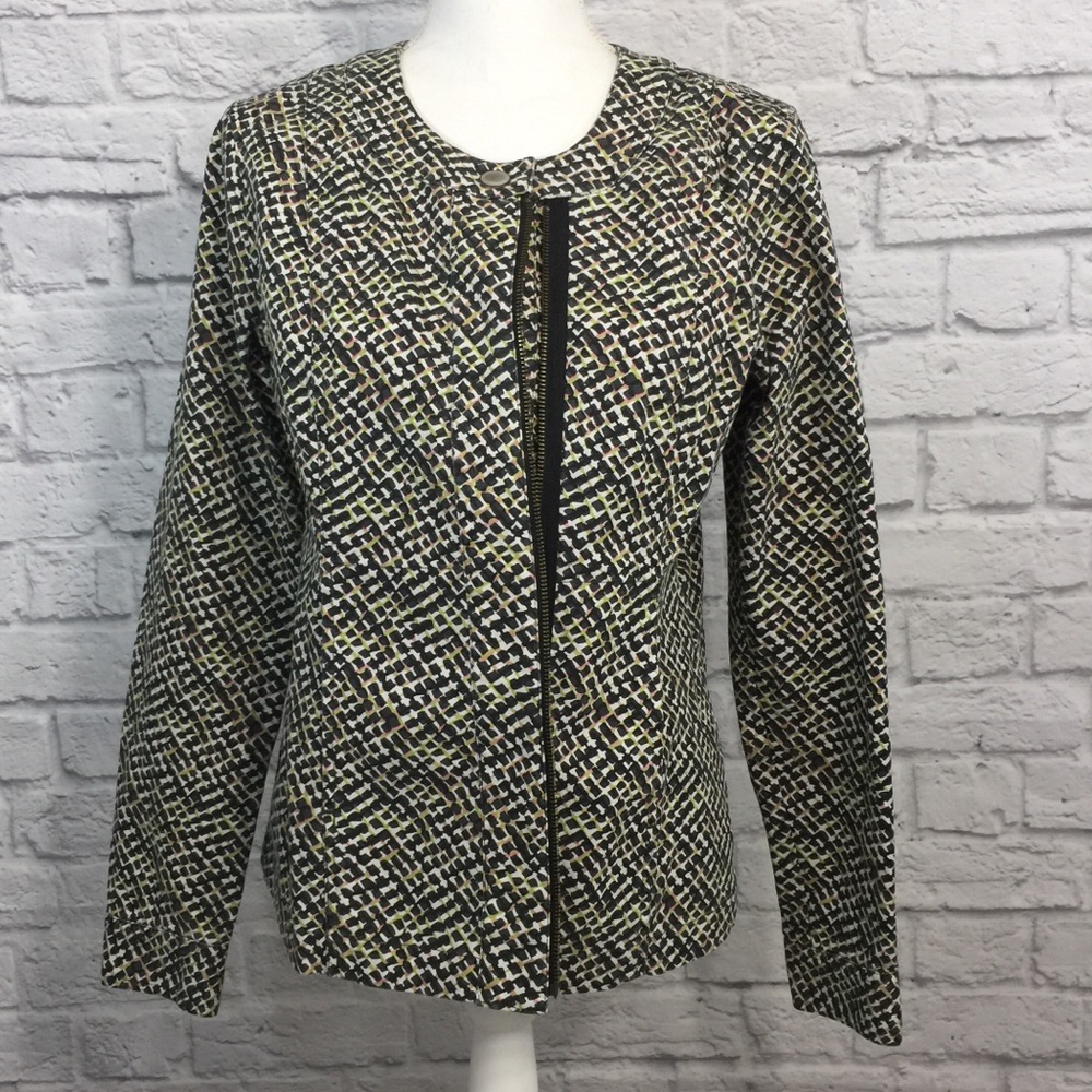 CAbi Black Tweed Zip-Front Jacket with Cream & Green Accents